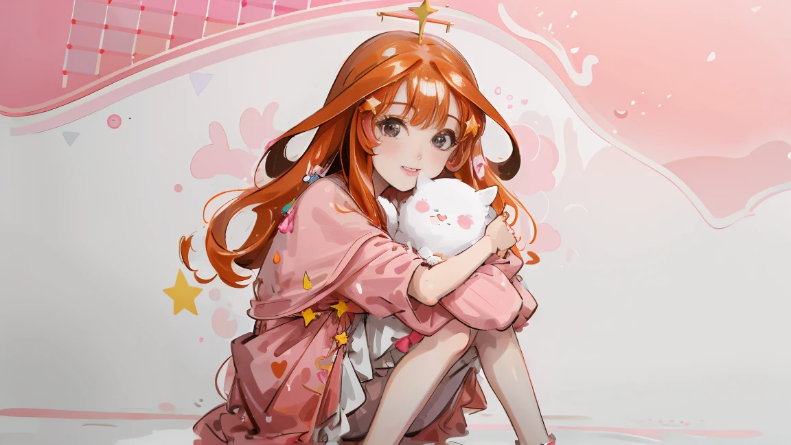 ((best quality)), ((masterpiece)), (detailed), perfect face, 1girl, nakano itsuki, smiling, whimsical, triad color pallette, hugging knees, looking at viewer, pink water droplets, smiling, flat colouring, full body, blank space on the left, fluffy red hair, star hairclips