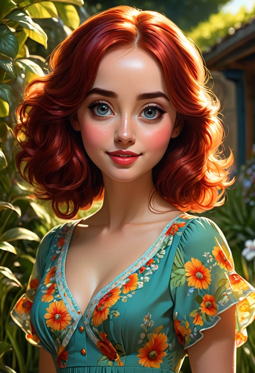 Adorable, Woman,big-eyed woman, round face. promenent lips. Smileing,In the garden,Her hands are behind her...., , large ass, wearing a cute sun dress. Picture from the side,looking at the scenes, intense colors, Very valuable details, complex details, volumetric lighting, digital art, 8k, trending on Artstation, Clear focus, complex details, highly detail, Greg Rutkowski Big Eyes, high-resolution, fiery red hair. Anna Popplewell
