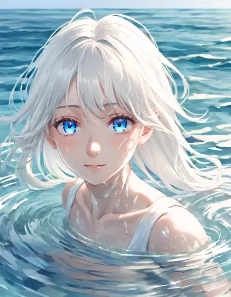 anime style female character in water, (long  white hair:1.2), (kind expression:1.1), blue colored eyes, white top, (rippling ef...