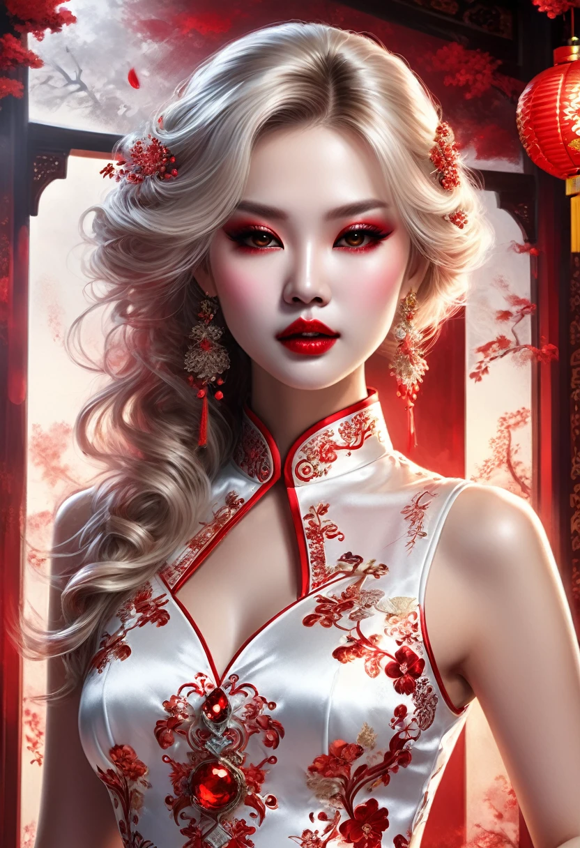 a beautiful female vampire wearing a (blood stained white Cheongsam: 1.5), an extremely beautiful female vampire, ultra detailed face, blond hair, long hair, wavy hair, dark glamour make up, pale skin, red lips, glowing red eyes, visible vampiric fangs, she wears a ((white Cheongsam: 1.5)), elegant, intricate detailed Cheongsam, silk Cheongsam, small cleavage, ((Cheongsam is decorated with gems: 1.4)), she wears elegant knee high heeled boots, exquisite knee high heeled boots, there are stains of blood on the upper part of the dress, dynamic background, best details, best quality, highres, ultra wide angle, 16k, [ultra detailed], masterpiece, best quality, (extremely detailed), full body, ultra wide shot, photorealistic, fantasy art, dnd art, rpg art, realistic art, RedGlitter