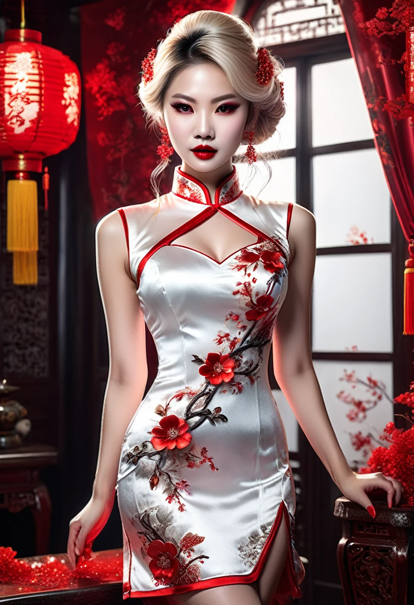 une belle femme vampire portant un (blood stained cheongsam blanc: 1.5), une très belle femme vampire, ultra détaillé face, cheveux blonds, cheveux longs, cheveux ondulés, maquillage glamour sombre, peau pâle, lèvres rouges, yeux rouges brillants, crocs vampiriques visibles, elle porte un ((cheongsam blanc: 1.5)), élégant, Cheongsam détaillé et complexe, Cheongsam en soie, petit décolleté, ((Cheongsam est décoré de pierres précieuses: 1.4)), she wears élégant knee high heeled boots, bottes à talons hauts exquises, il y a des taches de sang sur la partie supérieure de la robe, arrière-plan dynamique, meilleurs détails, Meilleure qualité, haute résolution, ultra grand angle, 16k, [ultra détaillé], chef-d&#39;œuvre, Meilleure qualité, (extrêmement détaillé), tout le corps, plan ultra large, Photoréaliste, art fantastique, art du mdn, Art du RPG, art réaliste, RougeGlitter