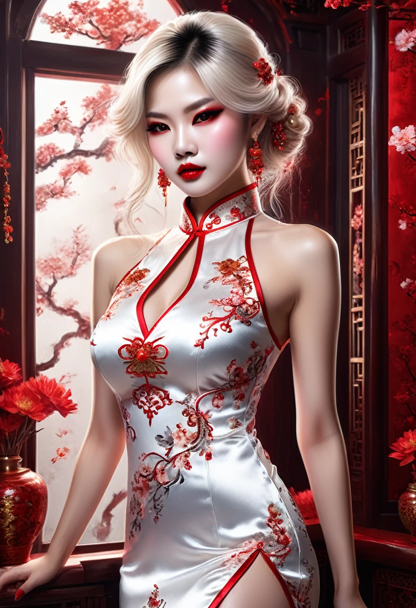 eine schöne Vampirin mit einem (blood stained weißes Cheongsam: 1.5), eine extrem schöne Vampirin, Extrem detailliert face, blondes Haar, lange Haare, welliges Haar, dunkles Glamour Make-up, blasse Haut, rote Lippen, leuchtend rote Augen, sichtbare Vampirzähne, Sie trägt ein ((weißes Cheongsam: 1.5)), elegant, aufwendig detailliertes Cheongsam, Seiden-Cheongsam, Kleines Dekolleté, ((Cheongsam ist mit Edelsteinen verziert: 1.4)), Sie trägt elegante kniehohe Stiefel, exquisite kniehohe Stiefel, es gibt Blutflecken auf dem oberen Teil des Kleides, dynamischer Hintergrund, beste Details, beste Qualität, highres, Ultraweitwinkel, 16k, [Extrem detailliert], Meisterwerk, beste Qualität, (Extrem detailliert), Ganzkörper, Ultraweite Aufnahme, fotorealistisch, Fantasy-Kunst, dnd kunst, rpg art, realistische Kunst, Roter Glitzer