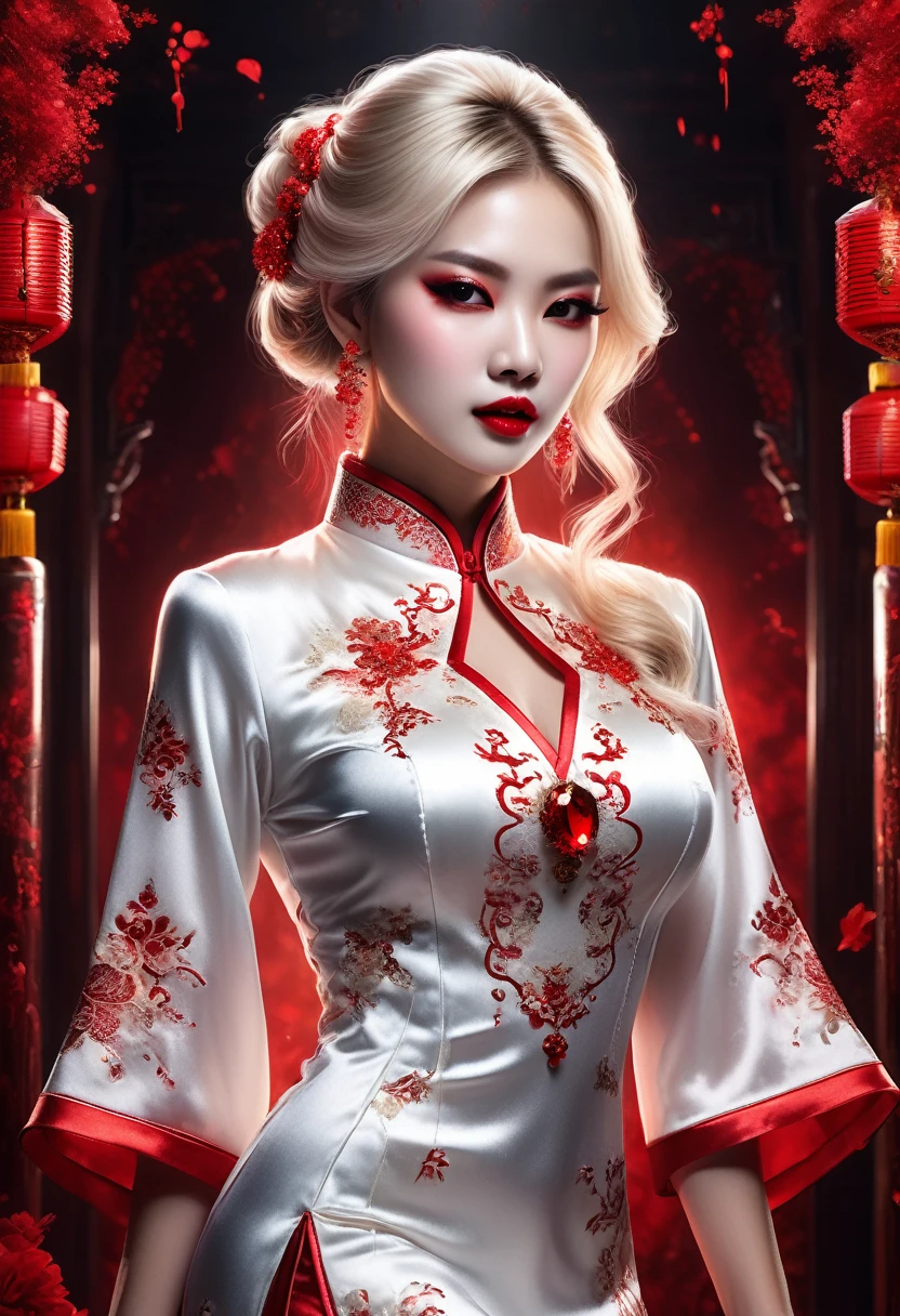 a beautiful female vampire wearing a (blood stained white Cheongsam: 1.5), an extremely beautiful female vampire, ultra detailed face, blond hair, long hair, wavy hair, dark glamour make up, pale skin, red lips, glowing red eyes, visible vampiric fangs, she wears a ((white Cheongsam: 1.5)), elegant, intricate detailed Cheongsam, silk Cheongsam, small cleavage, ((Cheongsam is decorated with gems: 1.4)), she wears elegant knee high heeled boots, exquisite knee high heeled boots, there are stains of blood on the upper part of the dress, dynamic background, best details, best quality, highres, ultra wide angle, 16k, [ultra detailed], masterpiece, best quality, (extremely detailed), full body, ultra wide shot, photorealistic, fantasy art, dnd art, rpg art, realistic art, RedGlitter