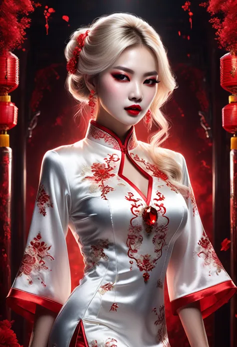 a beautiful female vampire wearing a (blood stained white cheongsam: 1.5), an extremely beautiful female vampire, ultra detailed...