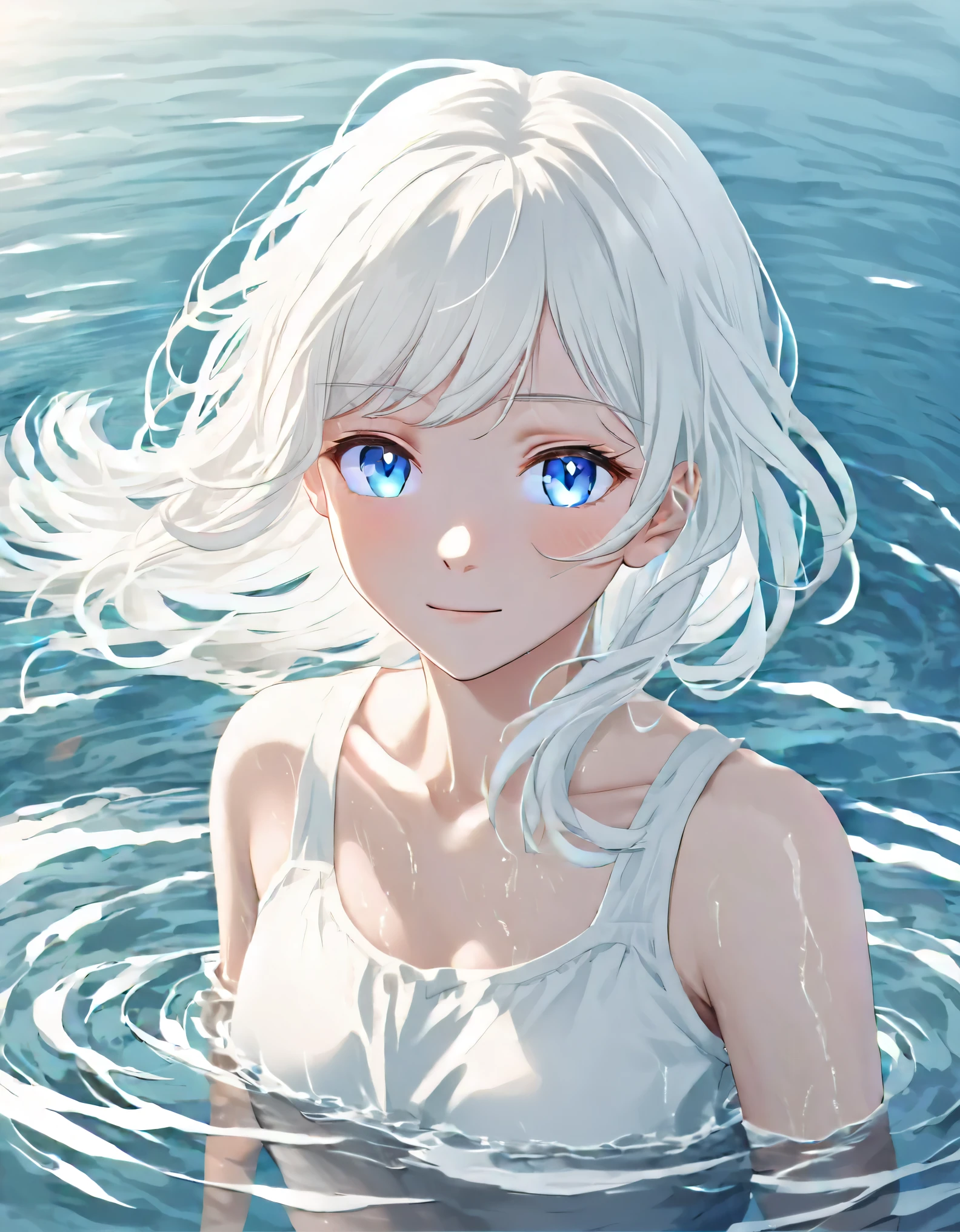 Anime style female character in water, (long  white hair:1.2), (Kind expression:1.1), blue colored eyes, white top, (rippling effect of water around the body:1.3), sunlight reflecting on the water, Clear sky, subtle splashes of water, high-resolution digital art, soft color palette, atmosfera tranquila, (serene ocean background:1.1), Realistic water texture
