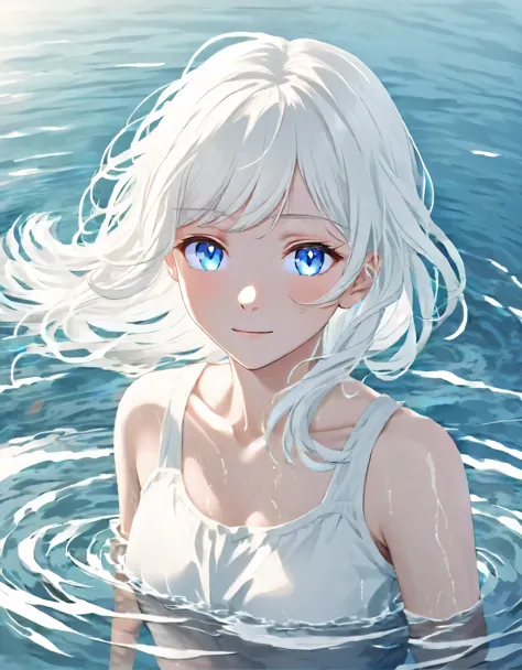 anime style female character in water, (long  white hair:1.2), (kind expression:1.1), blue colored eyes, white top, (rippling ef...