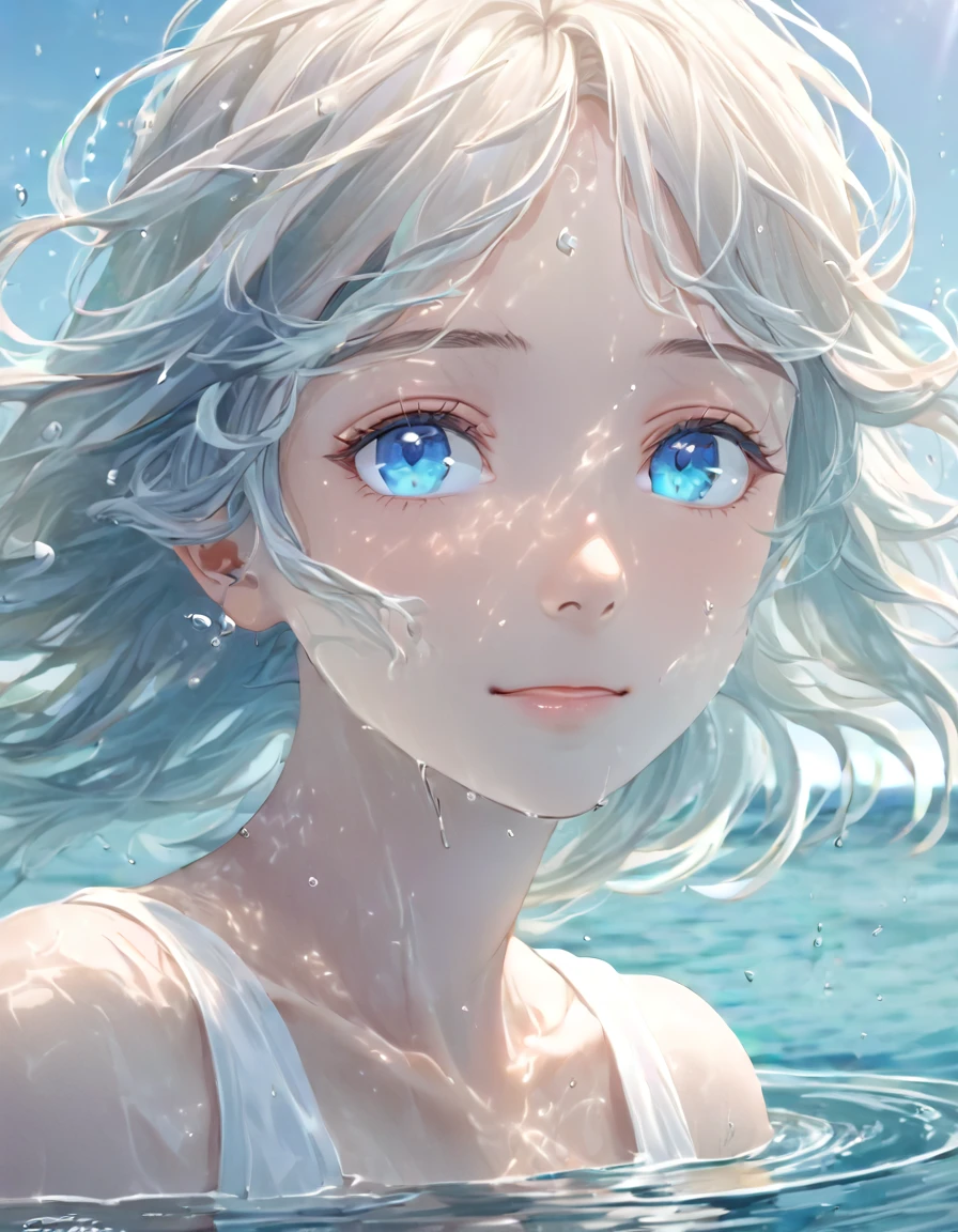 Anime style female character in water, (Kind expression:1.1), blue colored eyes, white top, (rippling effect of water around the body:1.3), sunlight reflecting on the water, Clear sky, subtle splashes of water, high-resolution digital art, soft color palette, atmosfera tranquila, (serene ocean background:1.1), Realistic water texture
