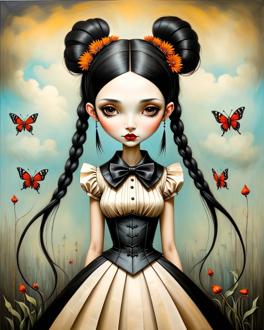 origami style in the style of esao andrews,esao andrews style,esao andrews art,esao andrewsa painting of a girl gothic wednesday addams pale black hair two braids style of esao andrews, andrews esao artstyle, inspired by Esao Andrews, esao andrews ornate, by Esao Andrews, esao andrews, inspired by ESAO, by ESAO,  earley, shrubs and flowers esao andrews, benjamin lacombe, 1girl, bug in the style of esao andrews, esao andrews . paper art, pleated paper, folded, origami art, pleats, cut and fold, centered composition