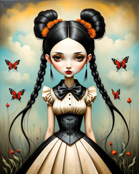 origami style in the style of esao andrews,esao andrews style,esao andrews art,esao andrewsa painting of a girl gothic wednesday...