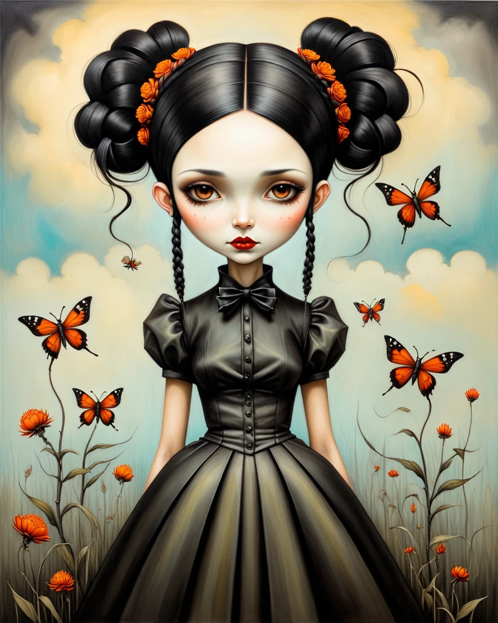 origami style in the style of tente Andrews,tente Andrews style,tente Andrews art,tente Andrewsa painting of a girl gothic wednesday addams pale black hair two braids style of tente Andrews, estilo artístico de andrews esao, inspired por Esaú Andrews, tente Andrews ornate, por Esaú Andrews, tente Andrews, inspired por ESAO, por ESAO,  earley, shrubs and flowers tente Andrews, benjamin lacombe, 1 garota, bug in the style of tente Andrews, tente Andrews . arte em papel, papel plissado, guardada, arte origami, Pregas, Corte e dobre, composição centrada