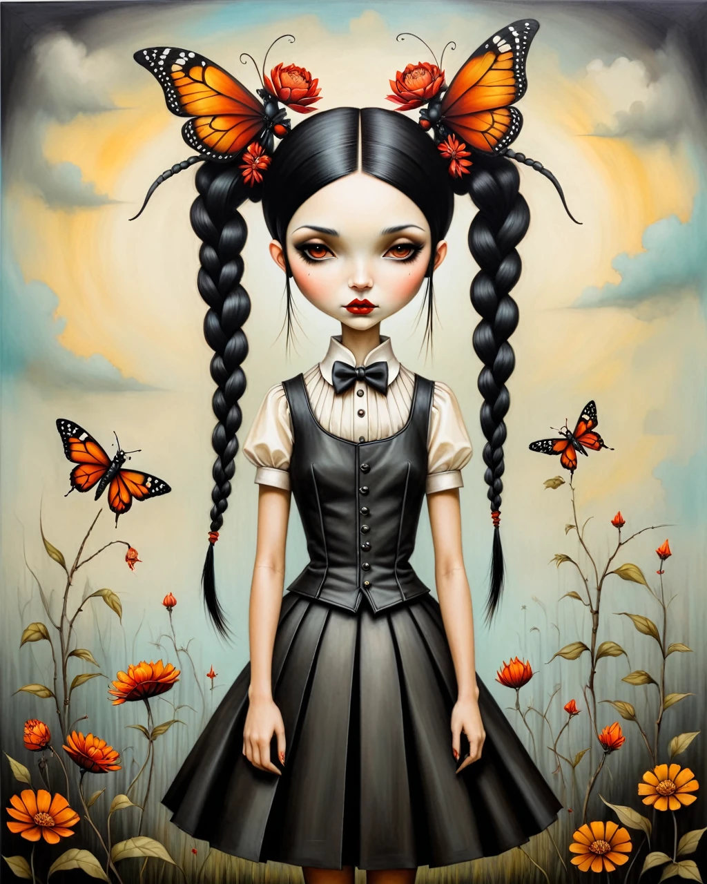 origami style in the style of esao andrews,esao andrews style,esao andrews art,esao andrewsa painting of a girl gothic wednesday addams pale black hair two braids style of esao andrews, andrews esao artstyle, inspired by Esao Andrews, esao andrews ornate, by Esao Andrews, esao andrews, inspired by ESAO, by ESAO,  earley, shrubs and flowers esao andrews, benjamin lacombe, 1girl, bug in the style of esao andrews, esao andrews . paper art, pleated paper, folded, origami art, pleats, cut and fold, centered composition