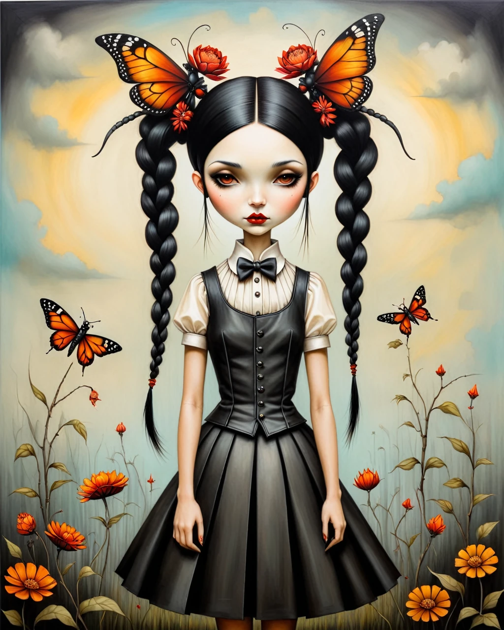 origami style in the style of esao andrews,esao andrews style,esao andrews art,esao andrewsa painting of a girl gothic wednesday addams pale black hair two braids style of esao andrews, andrews esao artstyle, inspired by Esao Andrews, esao andrews ornate, by Esao Andrews, esao andrews, inspired by ESAO, by ESAO, lori earley, shrubs and flowers esao andrews, benjamin lacombe, 1girl, bug in the style of esao andrews, esao andrews . paper art, pleated paper, folded, origami art, pleats, cut and fold, centered composition