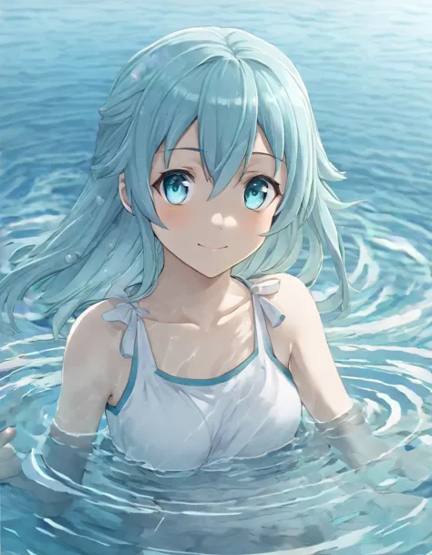 anime style female character in water, aqua_(konosuba), (kind expression:1.1), blue colored eyes, white top, (rippling effect of...