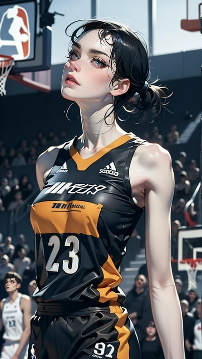 分数_9, 分数_8_向上, 分数_7_向上 WNBA, (高瘦女孩, 薄的, 黑发向后梳, 大鼻子, 瘦弱), NBA 球衣, 很好的篮球场, 复杂的细节, 详细背景, 超现实主义, 游戏面孔, 大眼睛, 超高瘦凯特琳克拉克, 