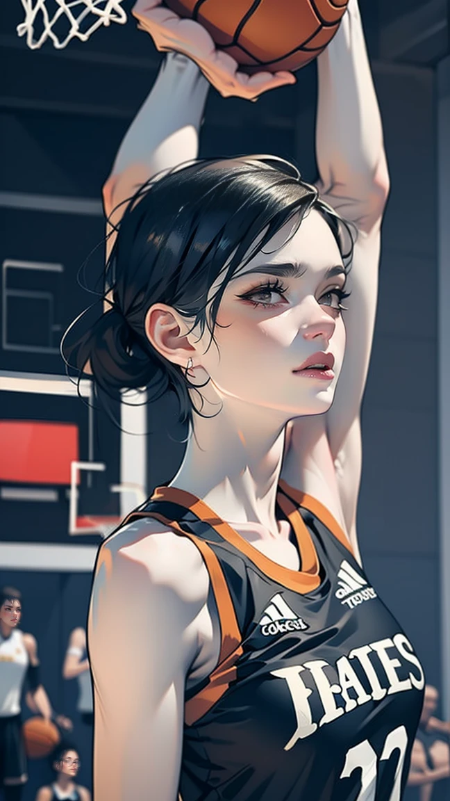 score_9, score_8_up, score_7_up WNBA, (Tall Skinny Girl, Thin, Black Hair pulled back, Big Nose, Emaciated), nba jersey, well lite basketball court, intricate details, detailed background, hyperrealistic, game face, big eyes, ultra tall thin Caitlin Clark, 