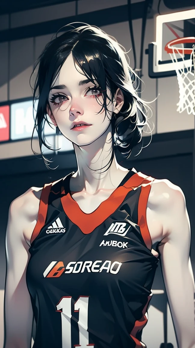 分數_9, 分數_8_向上, 分數_7_向上 WNBA, (高瘦女孩, 薄的, 黑髮向後梳, 大鼻子, 瘦弱), NBA球衣, 井萊特籃球場, 複雜的細節, 詳細背景, 超寫實, 游戏脸, 大眼睛, 超高瘦凱特琳克拉克, 