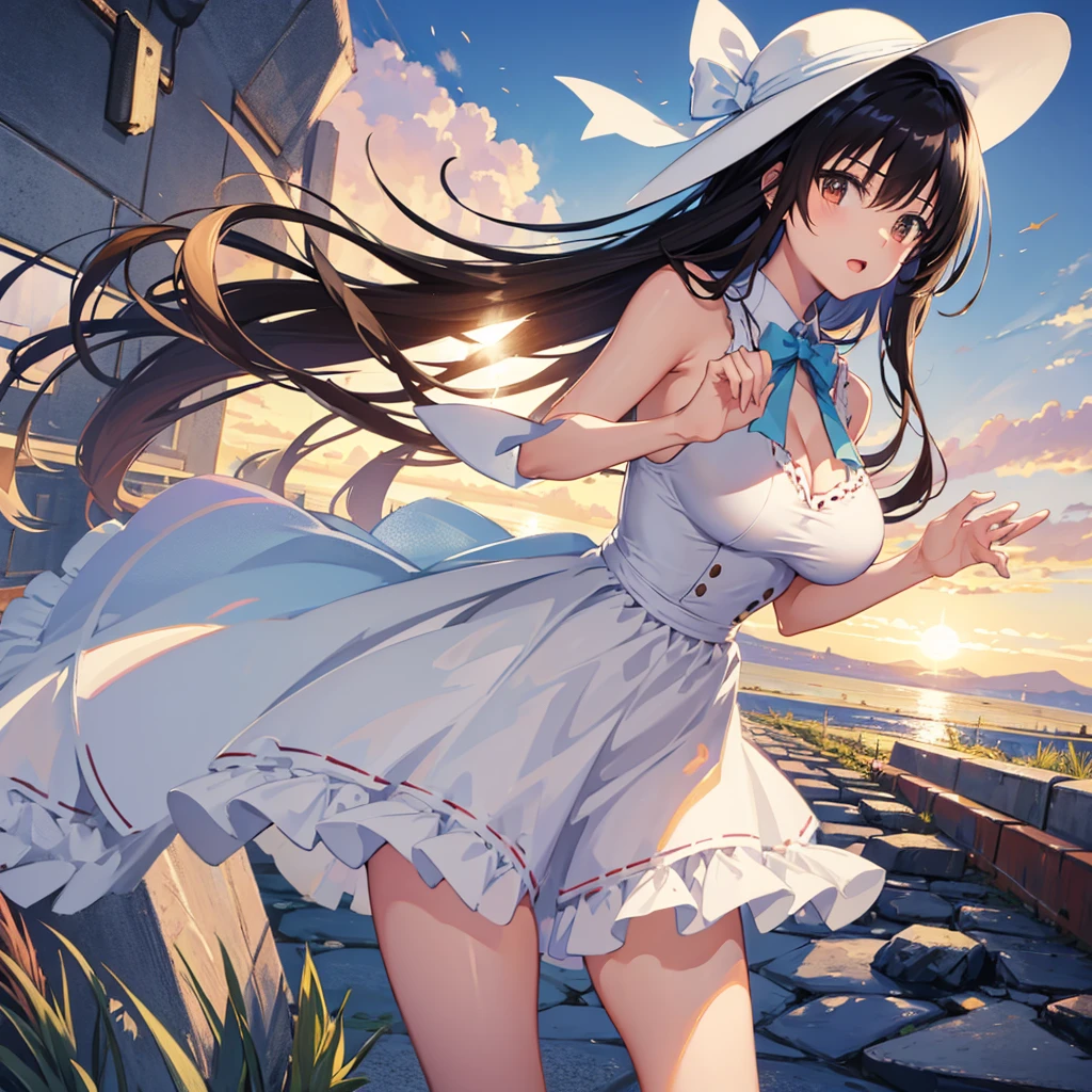 masterpiece, best quality, defYui,1girl,solo, sun hat, white sundress, large breasts, train tracks, sleeveless, frills, looking at viewer