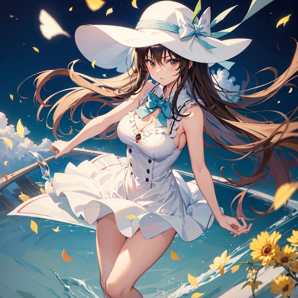 masterpiece, best quality, defYui,1girl,solo, sun hat, white sundress, large breasts, train tracks, sleeveless, frills, looking at viewer