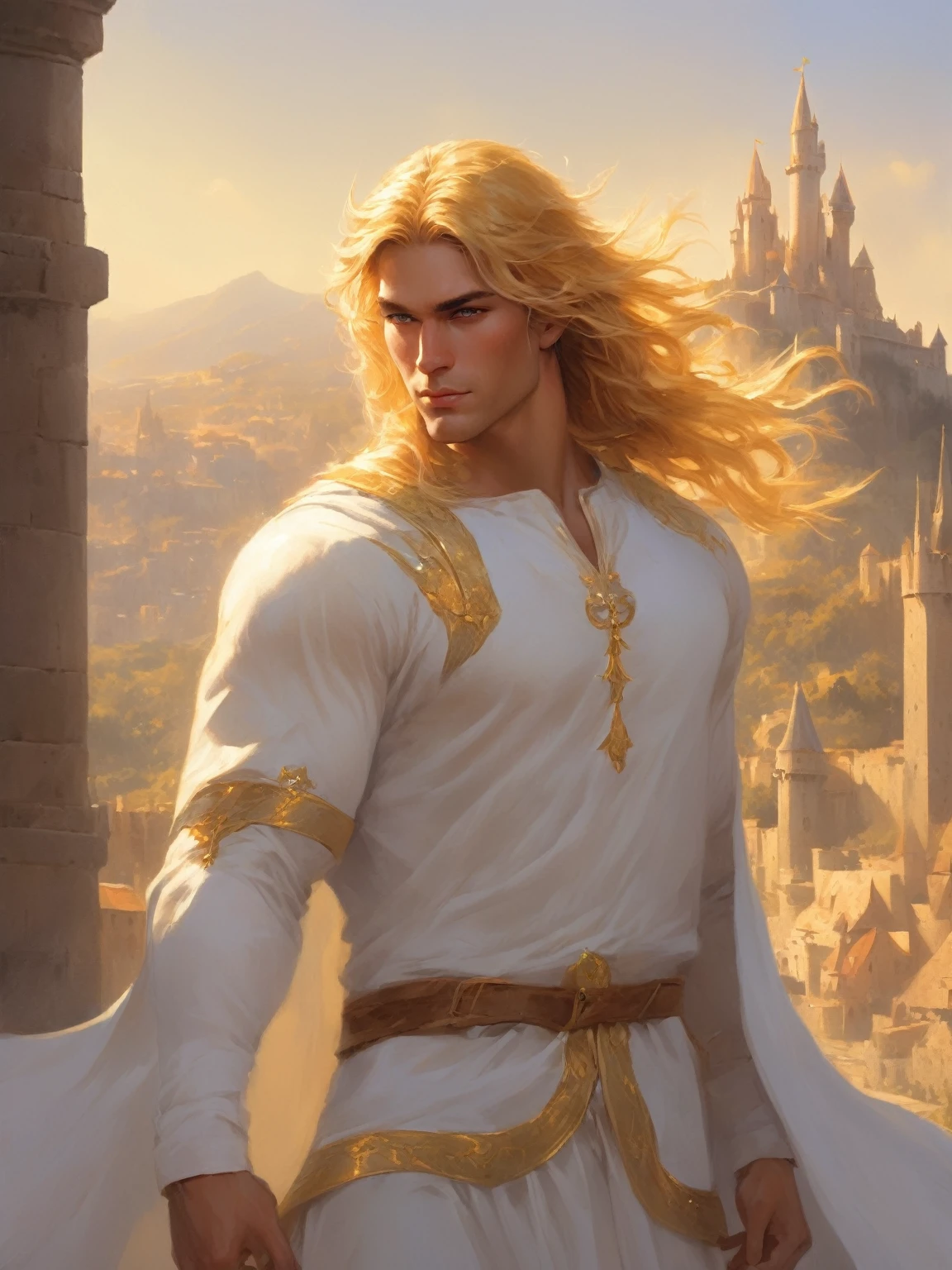 ((best quality),(masterpiece),(detailed),a muscular man with golden hair and yellow eyes, dressed in white clothes, castle behind,beautiful,(cinematic),(dramatic lighting),(digital painting),(photorealistic),(ultra-realistic),(hyper detailed),(epic),(fantasy),(cinematic composition),(heroic pose),(dramatic), (perfect eyes)
