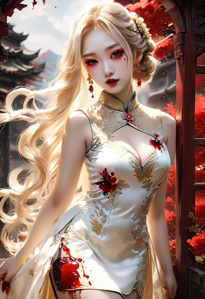 a beautiful female vampire wearing a ((blood stained: 1.5) white Cheongsam: 1.5), an extremely beautiful female vampire, ultra detailed face, blond hair, long hair, wavy hair, dark glamour make up, pale skin, red lips, (glowing red eyes: 1.2), visible (vampiric fangs: 1.2), she wears a ((blood stained white Cheongsam: 1.5)), elegant, intricate detailed Cheongsam, silk Cheongsam, small cleavage, ((Cheongsam is decorated with gems: 1.3)), she wears elegant knee high heeled boots, exquisite knee high heeled boots, there are stains of blood on the upper part of the dress, dynamic background, best details, best quality, highres, ultra wide angle, 16k, [ultra detailed], masterpiece, best quality, (extremely detailed), full body, ultra wide shot, photorealistic, fantasy art, dnd art, rpg art, realistic art, dark novel, Dark Art Painting Style, ral-ntrgmstn