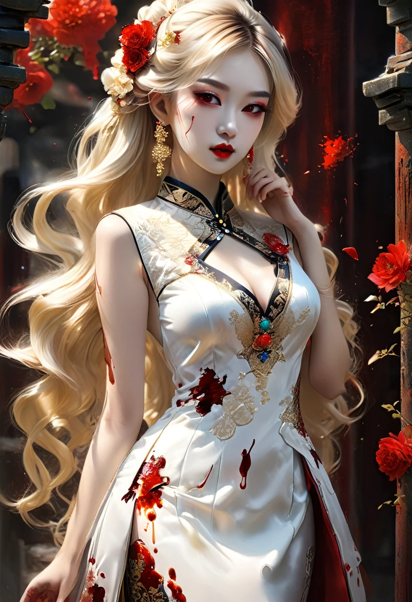 a beautiful female vampire wearing a ((blood stained: 1.5) white Cheongsam: 1.5), an extremely beautiful female vampire, ultra detailed face, blond hair, long hair, wavy hair, dark glamour make up, pale skin, red lips, (glowing red eyes: 1.2), visible (vampiric fangs: 1.2), she wears a ((blood stained white Cheongsam: 1.5)), elegant, intricate detailed Cheongsam, silk Cheongsam, small cleavage, ((Cheongsam is decorated with gems: 1.3)), she wears elegant knee high heeled boots, exquisite knee high heeled boots, there are stains of blood on the upper part of the dress, dynamic background, best details, best quality, highres, ultra wide angle, 16k, [ultra detailed], masterpiece, best quality, (extremely detailed), full body, ultra wide shot, photorealistic, fantasy art, dnd art, rpg art, realistic art, dark novel, Dark Art Painting Style, ral-ntrgmstn