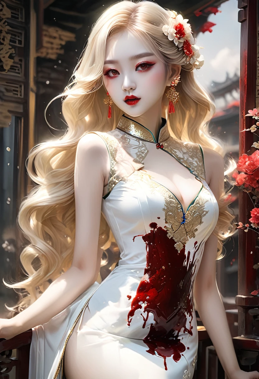 une belle femme vampire portant un ((taché de sang: 1.5) Cheongsam blanc: 1.5), une très belle femme vampire, ultra détaillé face, cheveux blonds, cheveux longs, cheveux ondulés, maquillage glamour sombre, peau pâle, lèvres rouges, (yeux rouges brillants: 1.2), visible (crocs vampiriques: 1.2), Elle porte un ((taché de sang Cheongsam blanc: 1.5)), élégant, Cheongsam détaillé et complexe, Cheongsam en soie, petit décolleté, ((Cheongsam est décoré de pierres précieuses: 1.3)), she wears élégant knee high heeled boots, bottes à talons hauts exquises, il y a des taches de sang sur la partie supérieure de la robe, arrière-plan dynamique, meilleurs détails, meilleure qualité, haute résolution, ultra grand angle, 16k, [ultra détaillé], chef-d&#39;œuvre, meilleure qualité, (extrêmement détaillé), Tout le corps, plan ultra large, photoréaliste, art fantastique, art du mdn, Art du RPG, art réaliste, roman noir, Style de peinture d&#39;art sombre, roman noir