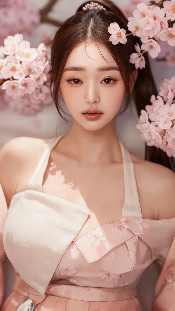 (best quality, 8K, masterpiece: 1.3), ((((((Incredibly huge breasts: 0.8))))), single ponytail, (beautiful face:1.3), Cherry blossoms are in full bloom, full of cherry blossoms, floating cherry blossom petals, very cool, Authentic Korean Hanbok