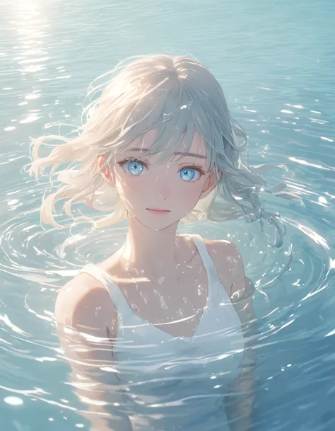 anime style female character in water, (kind expression:1.1), blue colored eyes, white top, (rippling effect of water around the...