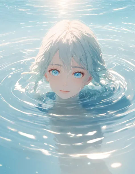 anime style female character in water, (kind expression:1.1), blue colored eyes, white top, (rippling effect of water around the...