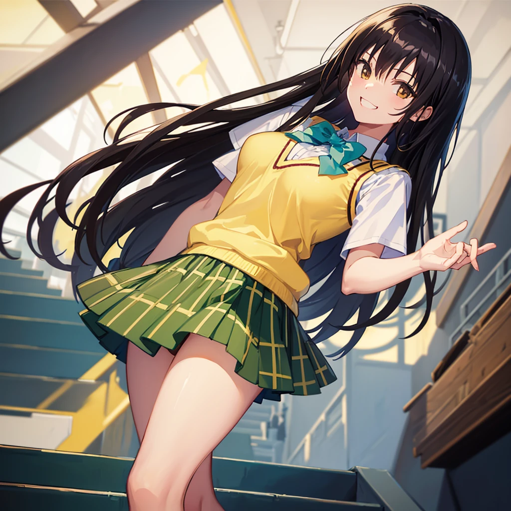 masterpiece, best quality, defYui, yellow sweater vest, white shirt, short sleeves, green bowtie, plaid miniskirt, large breasts, stairs, loafers, socks, blue sky, cityscape, smile, happy, (stairs:1.2),ass, kneehighs, looking back,(pantyshot:1.1), white panties,running,(from below:1.1),