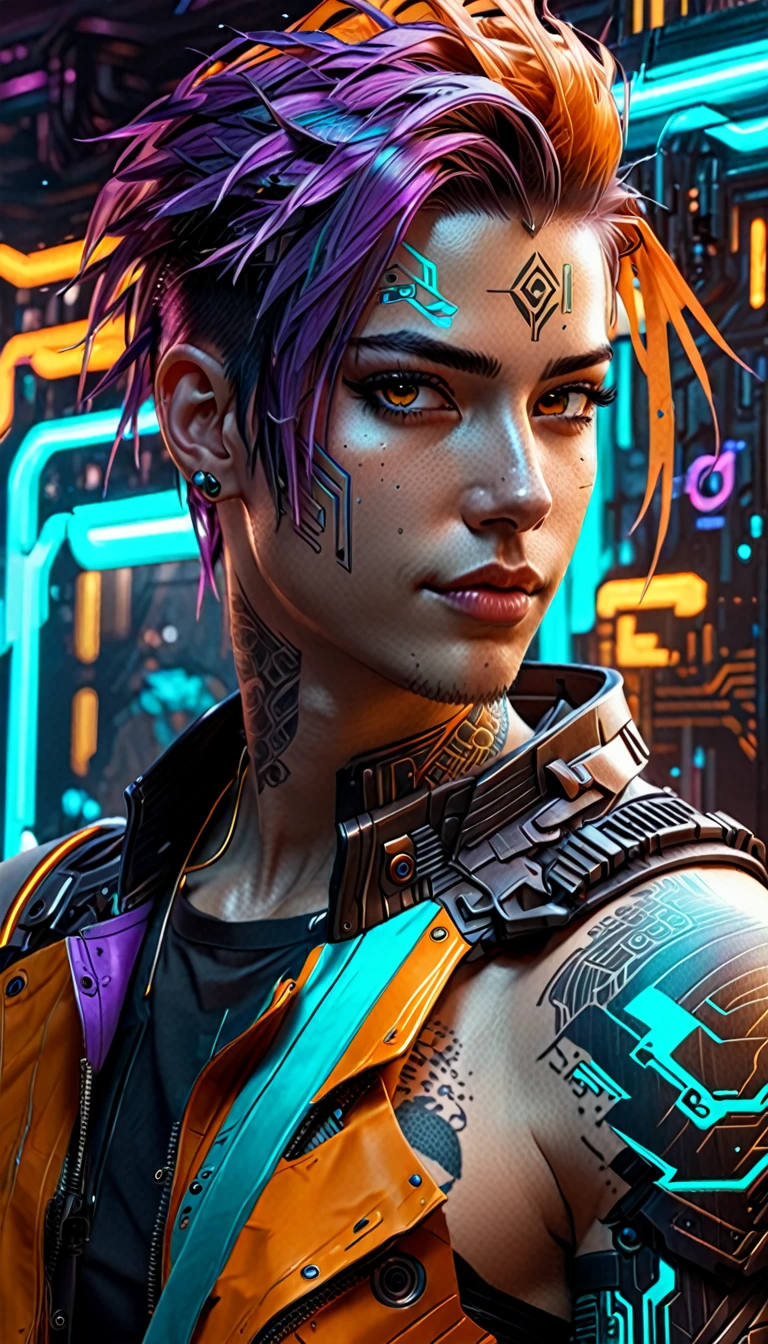 Whole shot:1.4, whole body: 1.4, ((a confident young man, sensual and beautiful, ultra detaild)), ((sensual smile, with a tattoo on his arm and cheek, beautiful and masculine hairstyle, young and handsome cyberpunk, beautiful cyberpunk boy face light brown eyes:1.4)), Dreamers, ((beautiful and detailed hair, soft and luminous:1.3)), dark night environment, night colors, violet, cerulean, blackw, gris, ultra-realistic 8k, cyberpunk 20 years. a model , The portrait, Highly detailed 32k digital art, beautiful digital art, cyberpunk cyborg. ((orange, Cyan, brown colors: 1.2)), 8 k realistic digital art, soft neon lighting on face and body, Whole shot: 1.4, (( highy detailed: 1.4), (( work of art )), (Hyper detailed and beautiful: 1.3), (photorrealistic: 1.4)