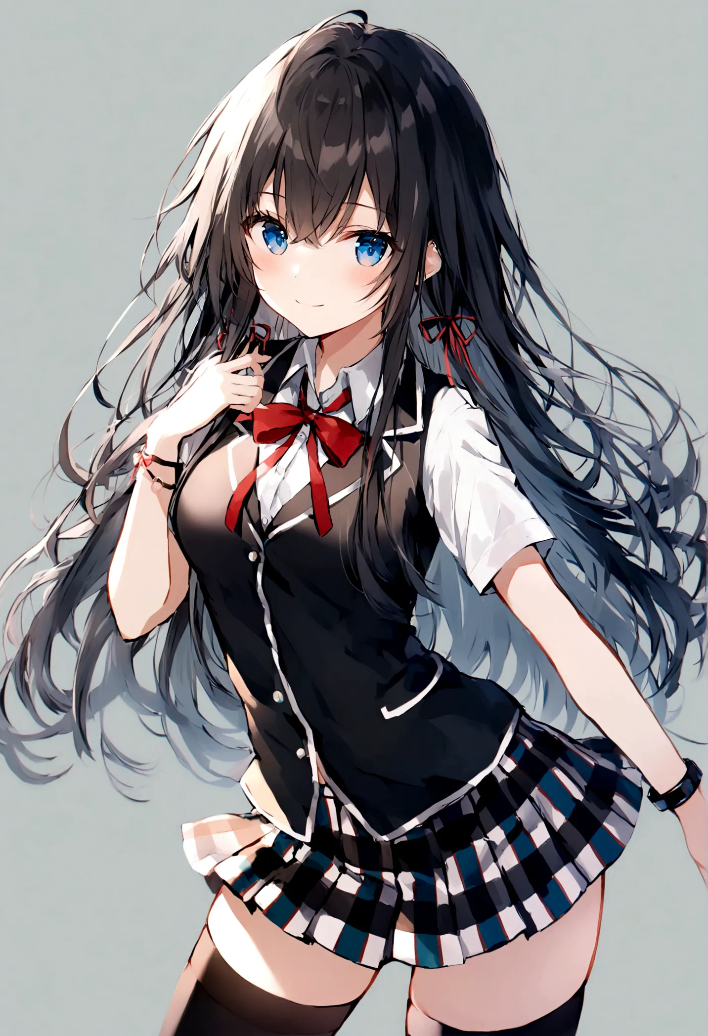 yukinoshita_yukino, 1girl, solo, sobu_high_school_uniform, skirt, long_hair, black_hair, thighhighs, shirt, school_uniform, whit...