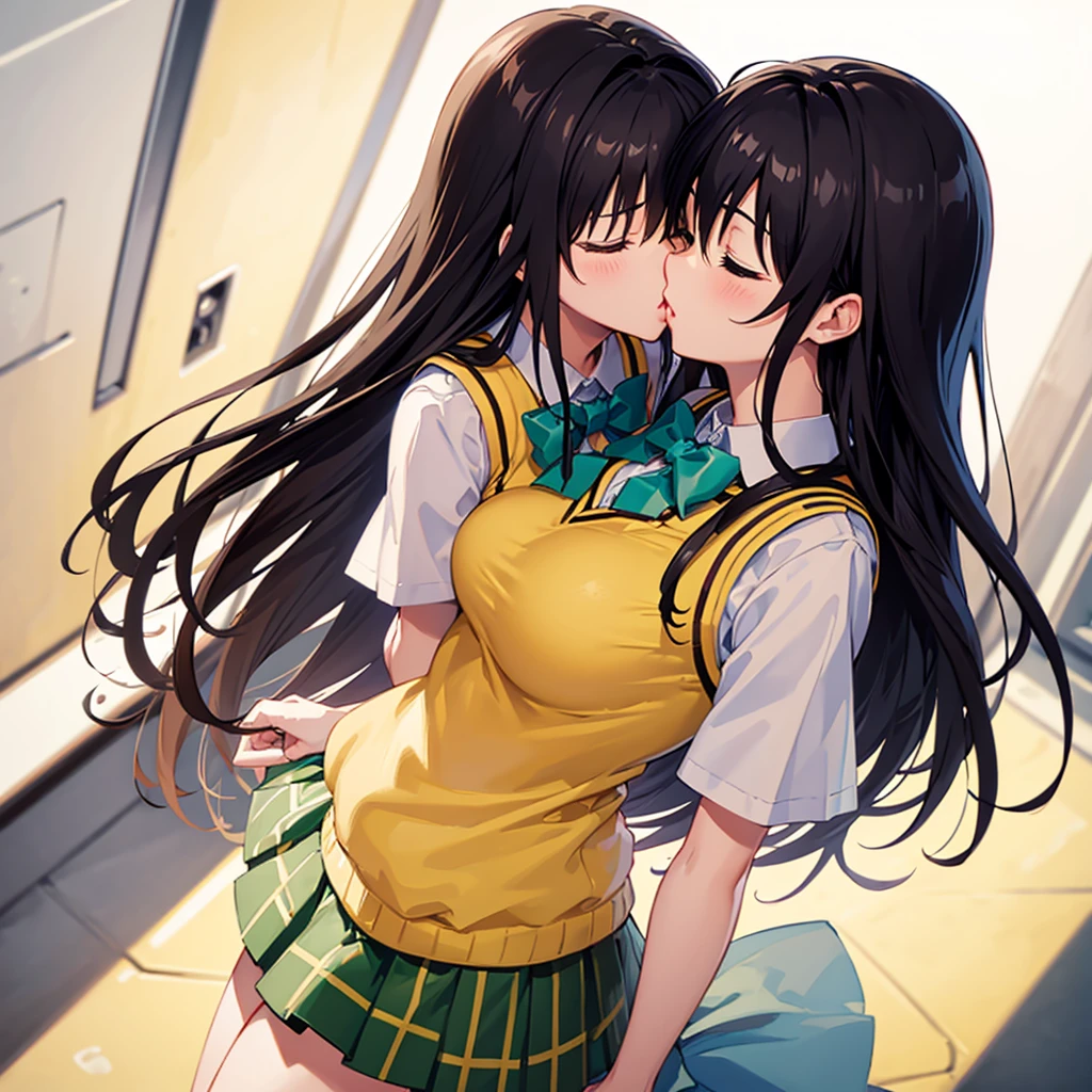 masterpiece, best quality, defYui, yellow sweater vest, white shirt, short sleeves, green bowtie, plaid miniskirt, large breasts, upper body, closed eyes, imminent kiss, from above, hallway, blush