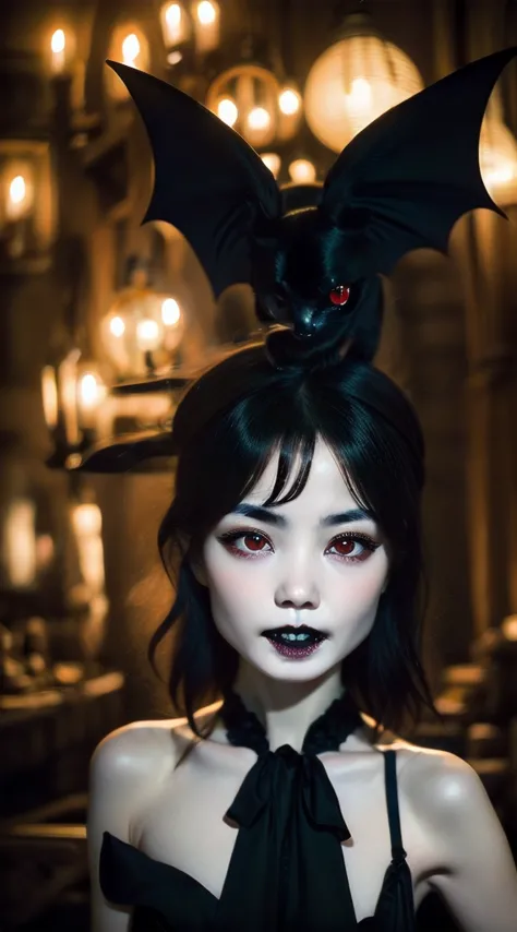 A girl、unparalleled beauty、cute face、Rush face、detailed eyes、(((vampire、Red eyes、Black lips sharp teeth expressionless)))、dark f...