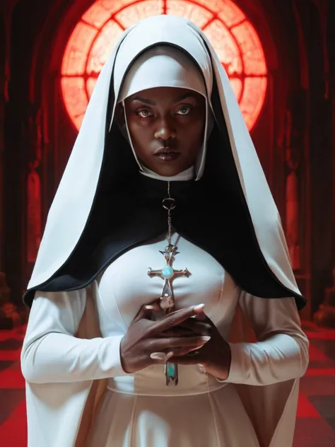 ral-opal, meahophontron, full body, woman face, devil nun, negro, looking at camera, body nun clothes