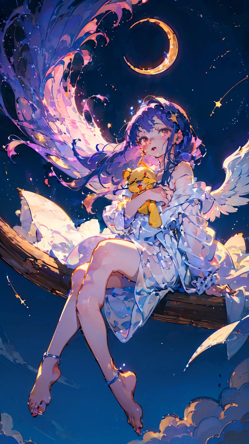 (woman\(A crescent moon-like angel sits on my head.。, Angel Girl,Purple Hair,Yellow Eyes, White skin, I'm wearing pastel colored pajamas,The girl is yawning loudly and sleepily.,While floating in the air,hugging a teddy bear,barefoot,\) Beautiful night sky、Sleepily floating in the air, (I&#39;m in the beautiful outdoors, A beautiful star is shining,He seemed to be very sleepy., mysterious, (There is a pillow floating in the background),quality\(8K,非常に精細なCGユニットのwallpaper, masterpiece,High resolution,top-quality,top-quality real texture skin,Surreal,Increase the resolution,RAW Photos,最高quality,Very detailed,wallpaper,Cinema Lighting,Ray-tracing,Golden Ratio\),Long Shot,Overall, it looks ephemeral.,The depiction range is from the waist up,qualityの高い顔の描写,High-resolution facial depiction,ephemeral,Low saturation,Little Girl,1 person