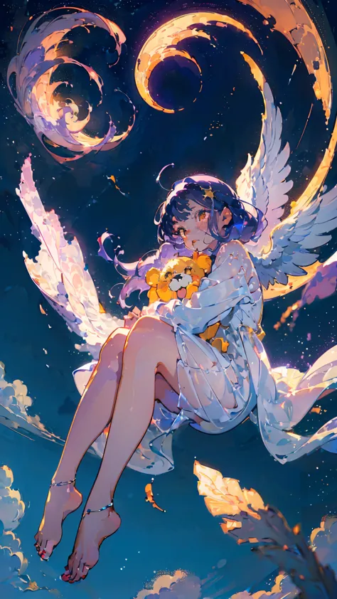 (woman\(A crescent moon-like angel sits on my head.。, Angel Girl,Purple Hair,Yellow Eyes, White skin, I'm wearing pastel colored...