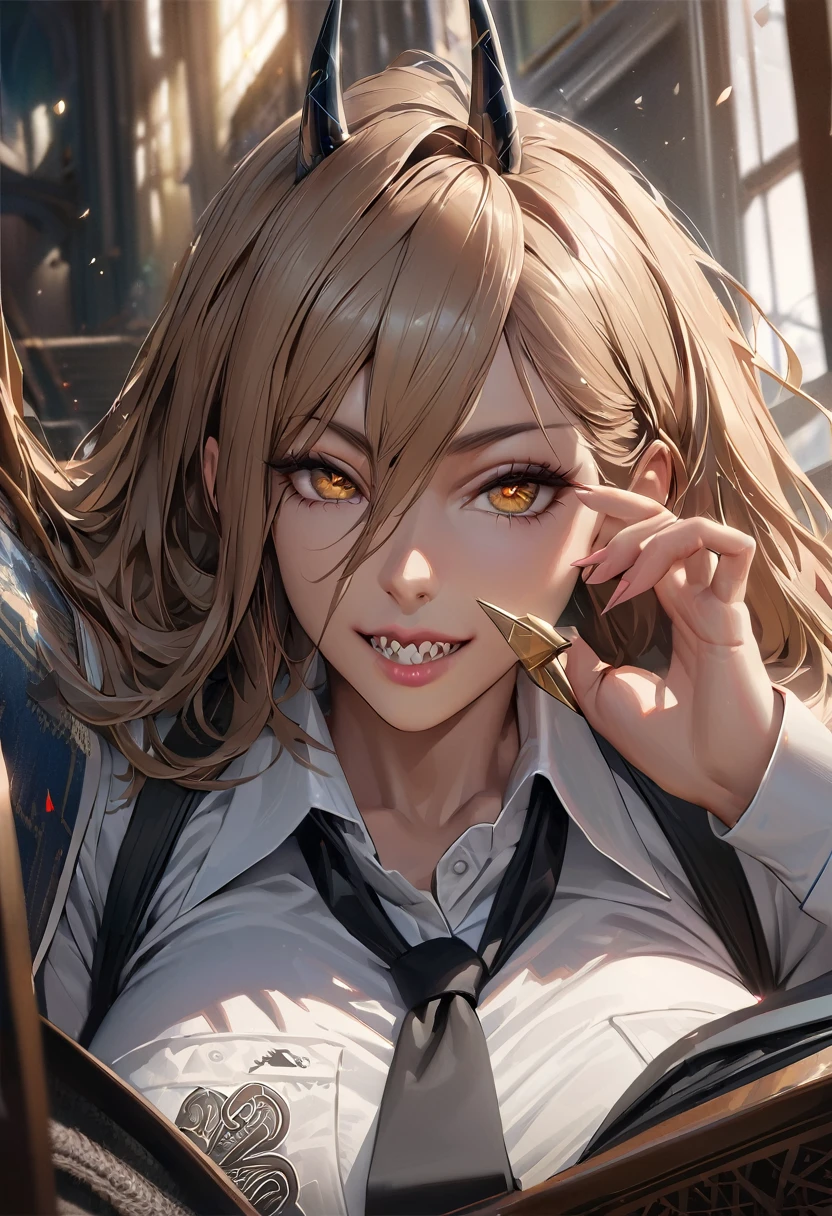 best quality, highest quality, masterpiece, ultra-detailed, hyper-detailed, award-winning, photorealistic background, cinematic lighting, trending on artstation, 8K wallpaper, extremely detailed, intricate, illustration, close-up portrait,powerdef, sharp teeth, cross-shaped pupils, long sleeves, Air Jordan shoes, white shirt, blqck bra, black necktie, fishnets, black miniskirt, open clothes, upper body focus, thick thighs, perfect face, very deep eyes, detailed eyes, sidelight, high-resolution, intricate details, detailed fingers, beautiful face, mature female, heavy eyeshadow, 