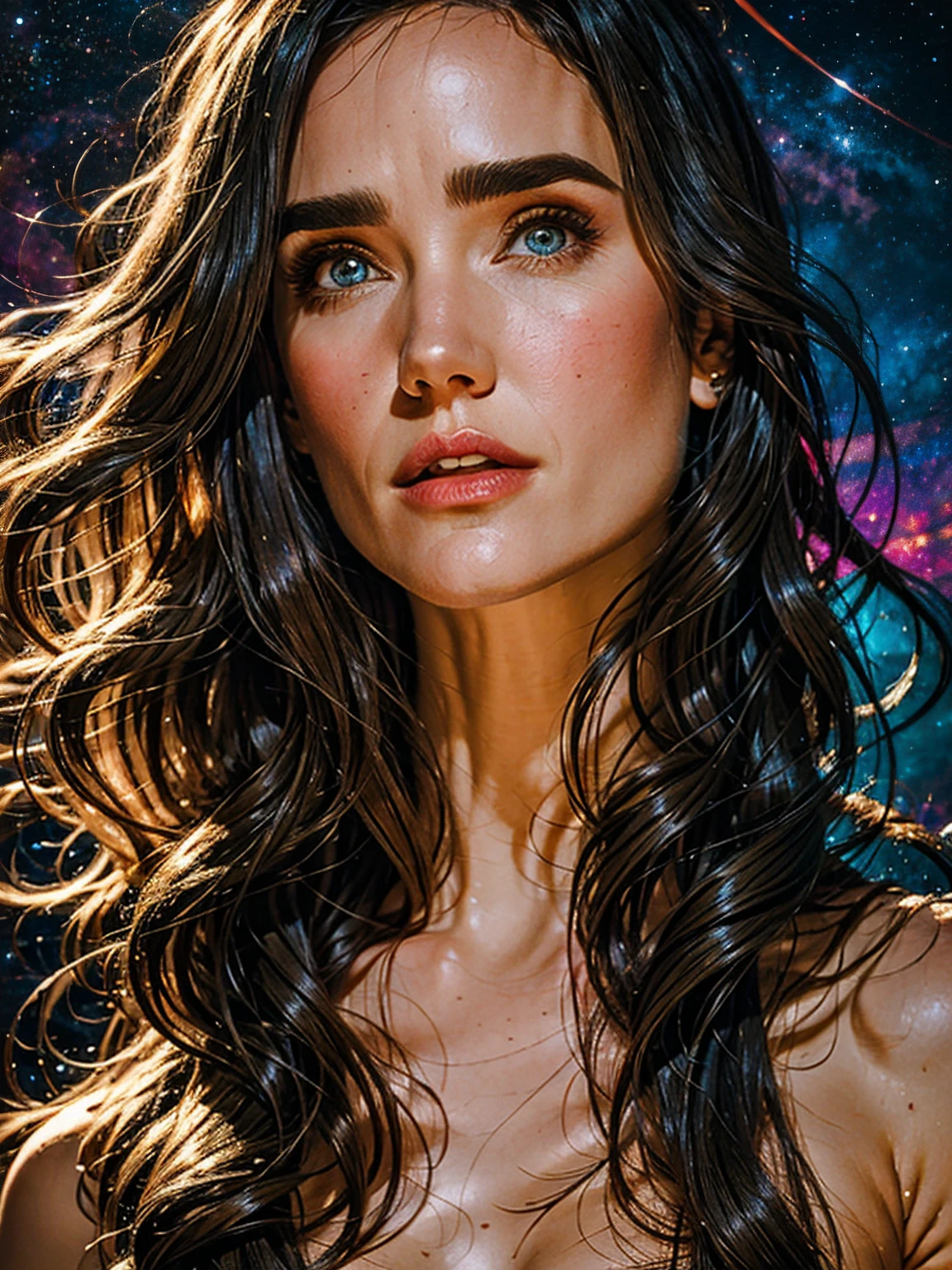 best quality, realistic, portrait, "topless woman", "beautiful detailed eyes", "soft and delicate skin", "long flowing hair", "elegant and graceful pose", "subtle lighting", "subtle background", "oil painting style", "vivid colors" very slutty, space background 