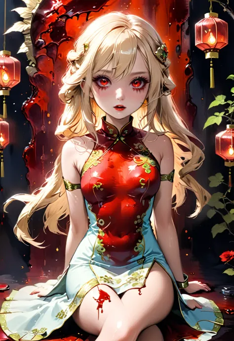 a beautiful female vampire wearing a ((blood stained: 1.5) white Cheongsam: 1.5), an extremely beautiful female vampire, ultra d...