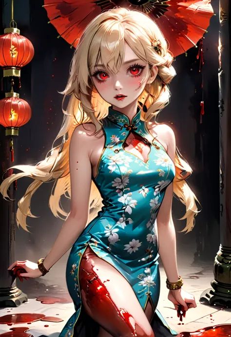 a beautiful female vampire wearing a ((blood stained: 1.5) white Cheongsam: 1.5), an extremely beautiful female vampire, ultra d...