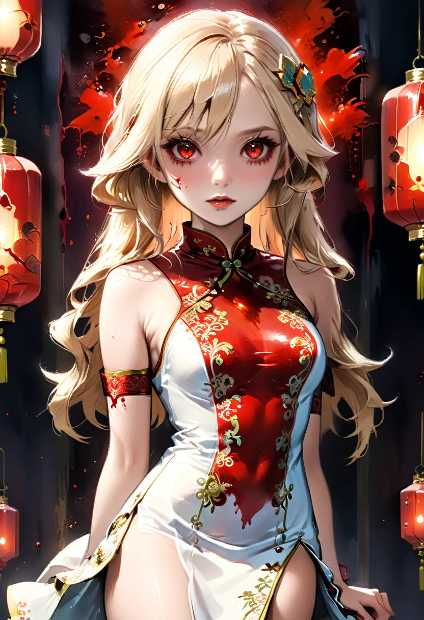 a beautiful female vampire wearing a ((blood stained: 1.5) white Cheongsam: 1.5), an extremely beautiful female vampire, ultra detailed face, blond hair, long hair, wavy hair, dark glamour make up, pale skin, red lips, (glowing red eyes: 1.2), visible (vampiric fangs: 1.2), she wears a ((blood stained white Cheongsam: 1.5)), elegant, intricate detailed Cheongsam, silk Cheongsam, small cleavage, ((Cheongsam is decorated with gems: 1.3)), she wears elegant knee high heeled boots, exquisite knee high heeled boots, there are stains of blood on the upper part of the dress, dynamic background, best details, best quality, highres, ultra wide angle, 16k, [ultra detailed], masterpiece, best quality, (extremely detailed), full body, ultra wide shot, photorealistic, fantasy art, dnd art, rpg art, realistic art, dark novel, Dark Art Painting Style, Blood_Covered