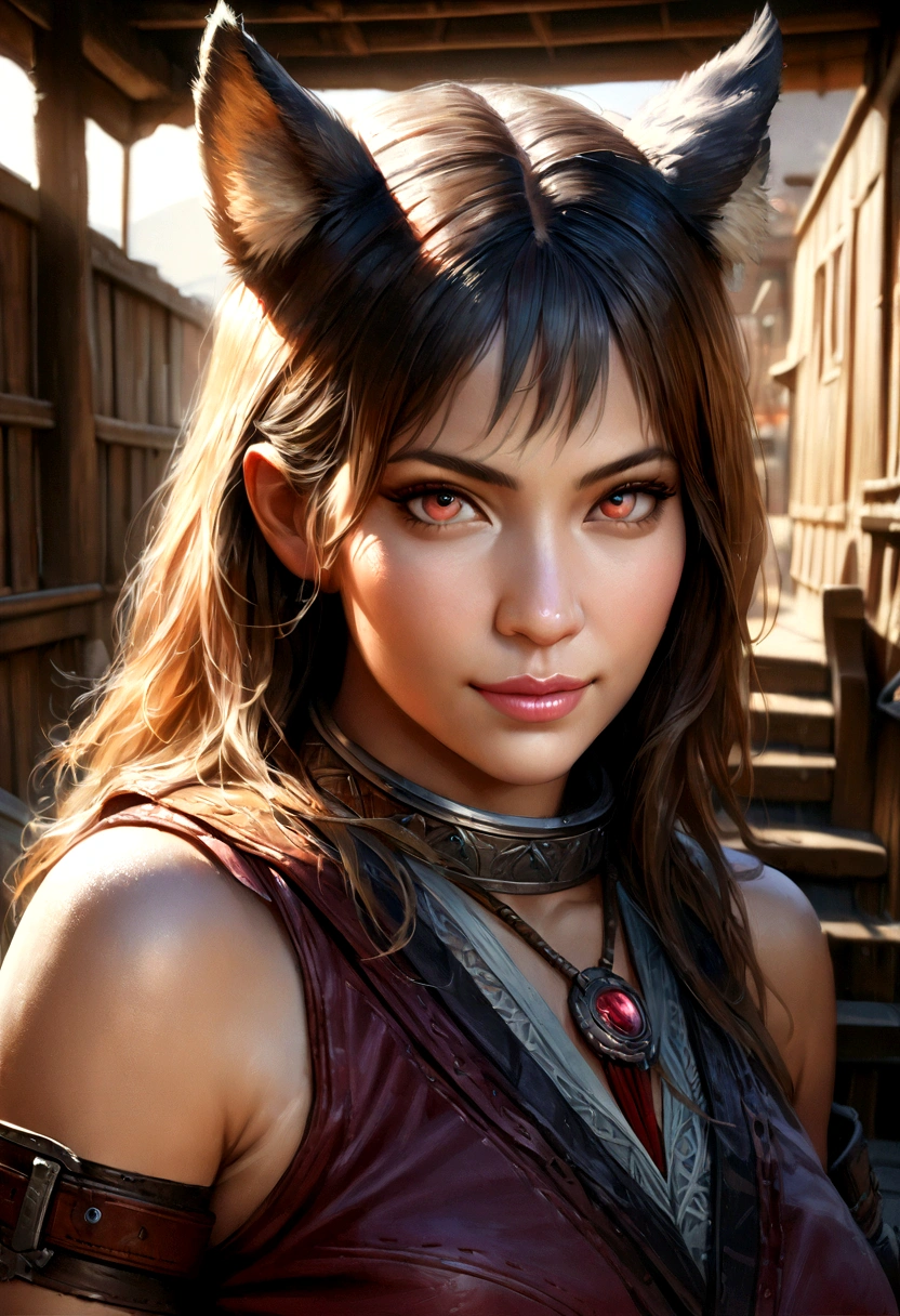 A beautiful detailed girl with wolf ears, wolf tail, metal collar, crop top, bare shoulders, arm belt, bracers, purple short shorts, belt, fur trim, thigh belt, smirk, looking at viewer, outdoors, wooden buildings, (best quality,4k,8k,highres,masterpiece:1.2),ultra-detailed,(realistic,photorealistic,photo-realistic:1.37),detailed portrait, intricate details, highly detailed, extremely detailed, photo-realistic, extremely detailed digital painting, exquisite, detailed face, detailed eyes, detailed nose and lips, vivid colors, cinematic lighting, cinematic mood, studio lighting, dramatic lighting, warm color tones, fantasy, dark fantasy, concept art style