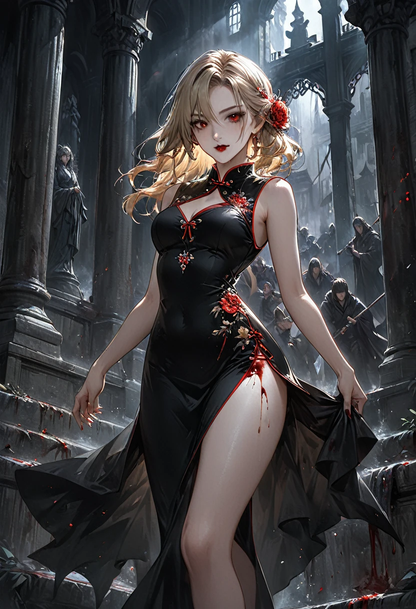 a beautiful female vampire wearing a ((blood stained: 1.5) white Cheongsam: 1.5), an extremely beautiful female vampire, ultra detailed face, blond hair, long hair, wavy hair, dark glamour make up, pale skin, red lips, (glowing red eyes: 1.2), visible (vampiric fangs: 1.2), she wears a ((blood stained white Cheongsam: 1.5)), elegant, intricate detailed Cheongsam, silk Cheongsam, small cleavage, ((Cheongsam is decorated with gems: 1.3)), she wears elegant knee high heeled boots, exquisite knee high heeled boots, there are stains of blood on the upper part of the dress, dynamic background, best details, best quality, highres, ultra wide angle, 16k, [ultra detailed], masterpiece, best quality, (extremely detailed), full body, ultra wide shot, photorealistic, fantasy art, dnd art, rpg art, realistic art, dark novel, Dark Art Painting Style