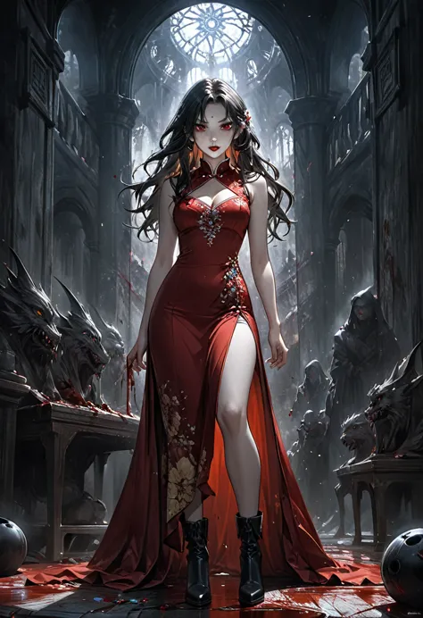 a beautiful female vampire wearing a ((blood stained: 1.5) white Cheongsam: 1.5), an extremely beautiful female vampire, ultra d...