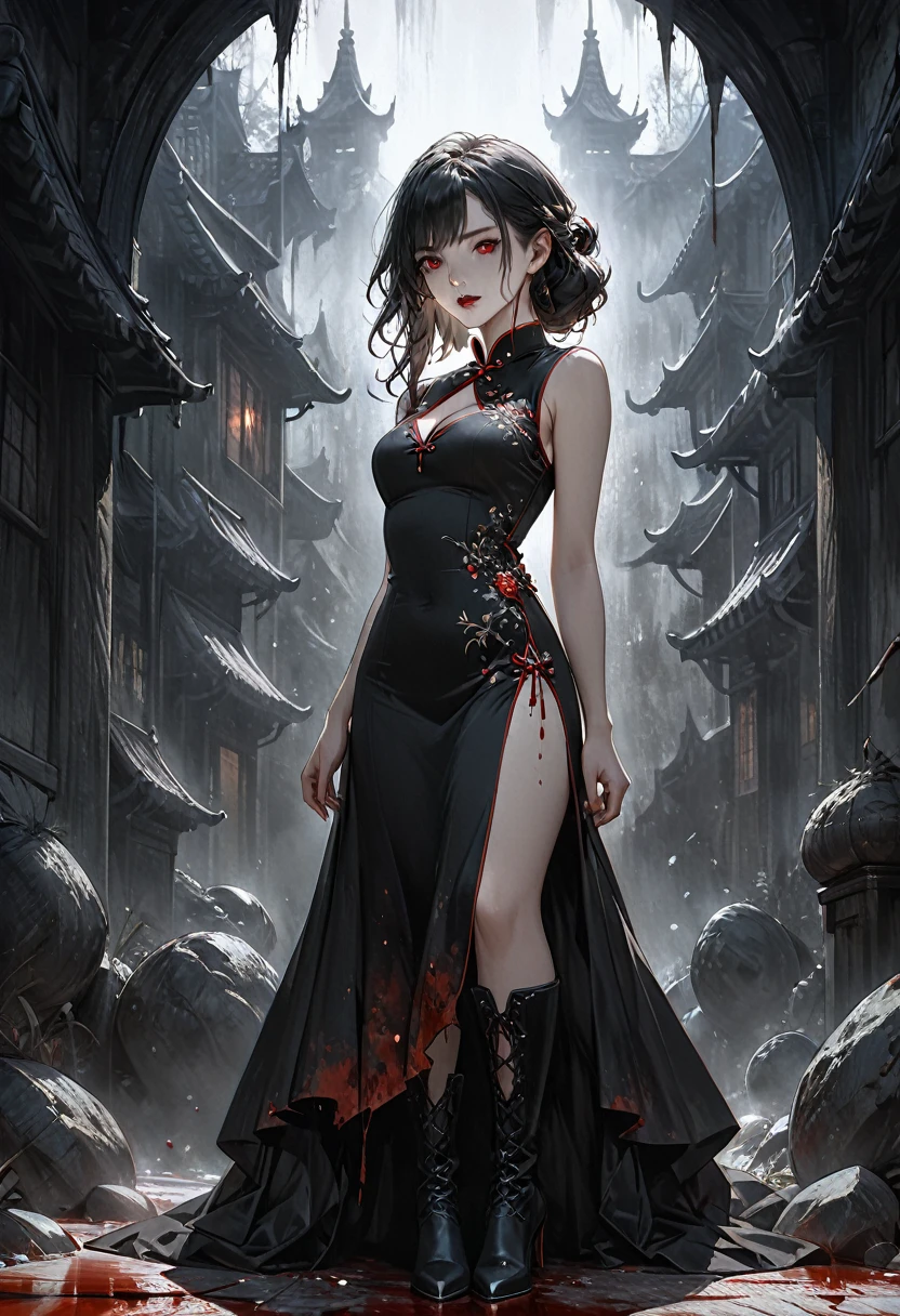 a beautiful female vampire wearing a ((blood stained: 1.5) white Cheongsam: 1.5), an extremely beautiful female vampire, ultra detailed face, blond hair, long hair, wavy hair, dark glamour make up, pale skin, red lips, (glowing red eyes: 1.2), visible (vampiric fangs: 1.2), she wears a ((blood stained white Cheongsam: 1.5)), elegant, intricate detailed Cheongsam, silk Cheongsam, small cleavage, ((Cheongsam is decorated with gems: 1.3)), she wears elegant knee high heeled boots, exquisite knee high heeled boots, there are stains of blood on the upper part of the dress, dynamic background, best details, best quality, highres, ultra wide angle, 16k, [ultra detailed], masterpiece, best quality, (extremely detailed), full body, ultra wide shot, photorealistic, fantasy art, dnd art, rpg art, realistic art, dark novel, Dark Art Painting Style