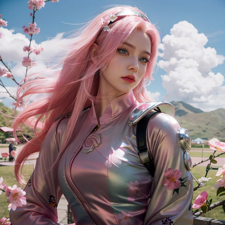 young woman pale skin, long bubblegum pink hair, pink eyebrows, big jade green eyes, buttoned nose, peach lips, small breasts, wide forehead, flower and butterfly kimono, Sakura Haruno, realistic, 3d
