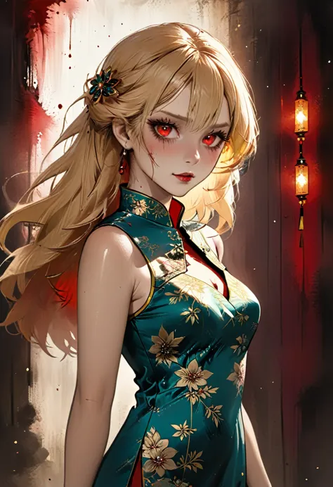 a beautiful female vampire wearing a ((blood stained: 1.5) white Cheongsam: 1.5), an extremely beautiful female vampire, ultra d...
