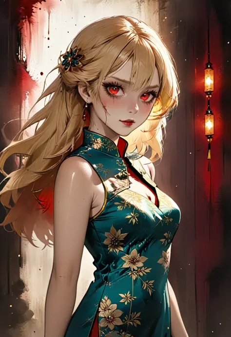 a beautiful female vampire wearing a ((blood stained: 1.5) white cheongsam: 1.5), an extremely beautiful female vampire, ultra d...