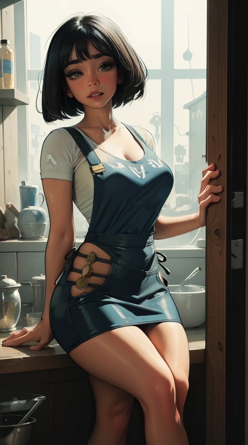 ((masterpiece)),(best quality),(detailed), 1girl, mature woman, short hair, black hair with blue highlights, bobcut, brown eyes, wearing an apron, portrait, medium breasts, curvy